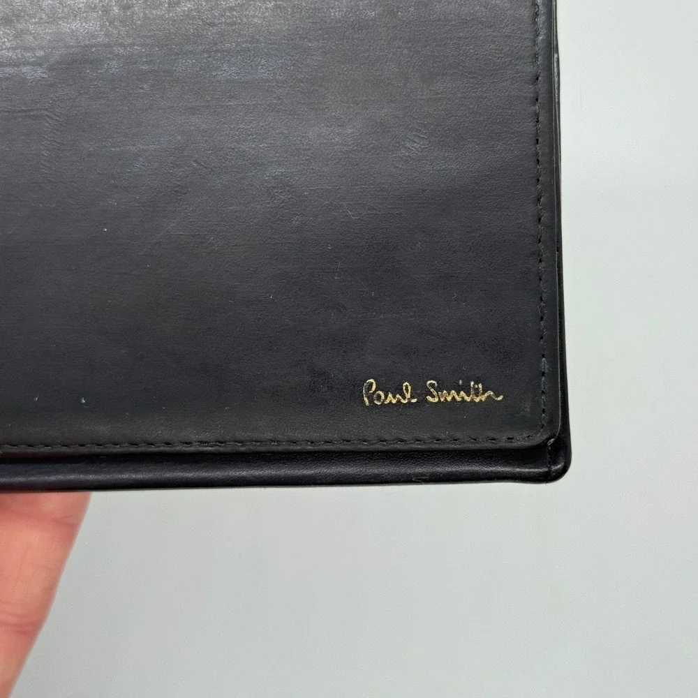 Paul Smith Black Leather Continental Wallet Long Bifold Zip Pocket Striped‎ Trim